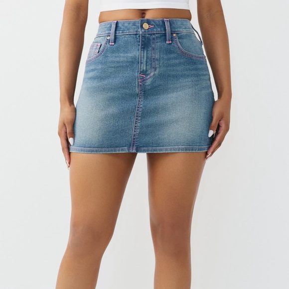 True Religion Blue Denim Mini Skirt with Pink Stitching - Picture 2 of 6